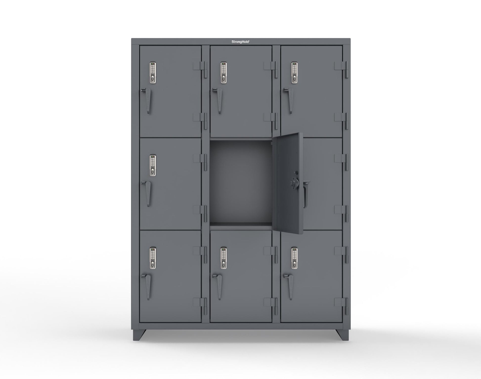 Extra Heavy Duty 14 GA Triple-Tier Locker with Keyless Entry Lock, 9 Compartments – 54 in. W x 18 in. D x 75 in. H - 4.66-9D-18-3T-EK-L-7024