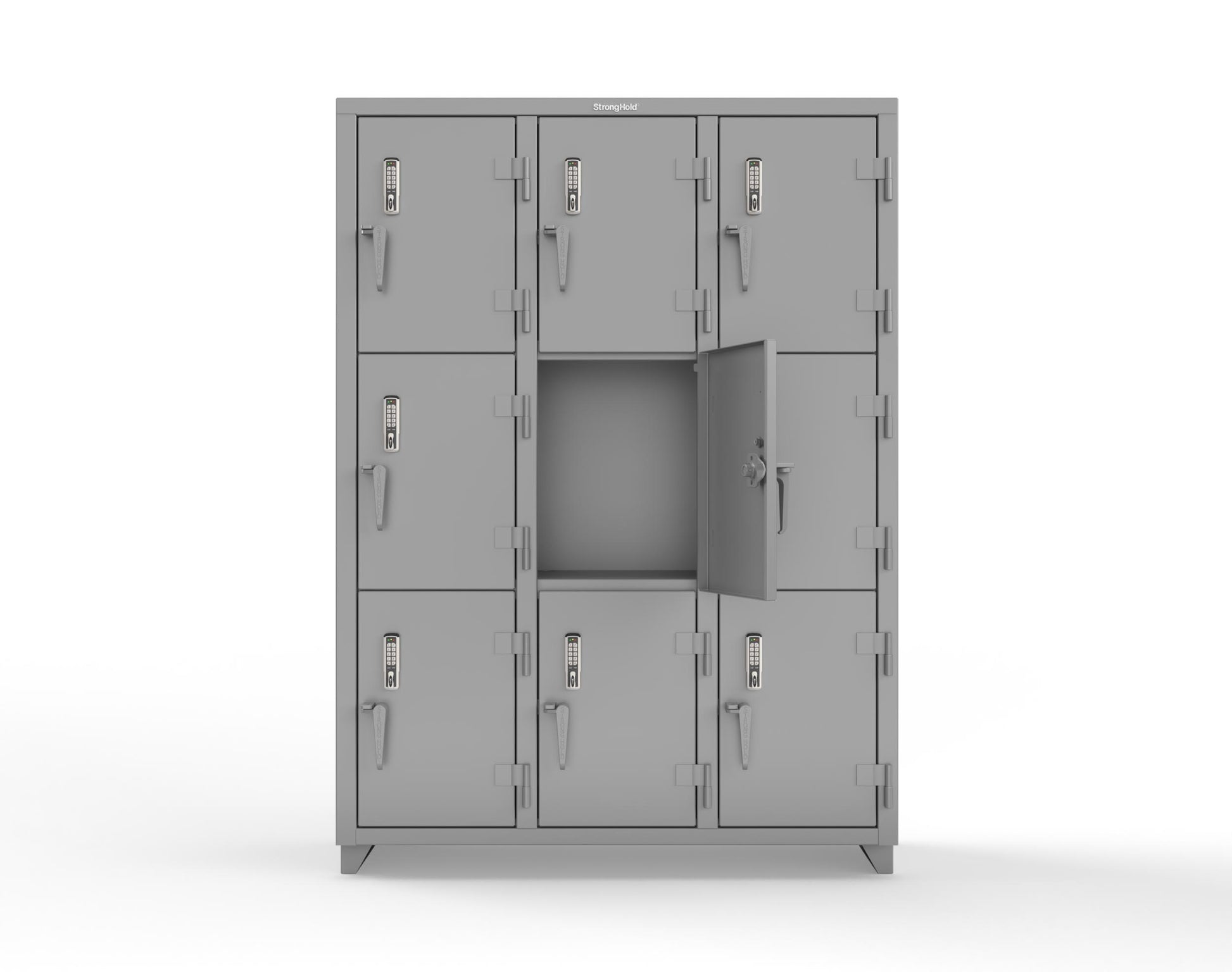Extra Heavy Duty 14 GA Triple-Tier Locker with Keyless Entry Lock, 9 Compartments – 54 in. W x 18 in. D x 75 in. H - 4.66-9D-18-3T-EK-L-7037