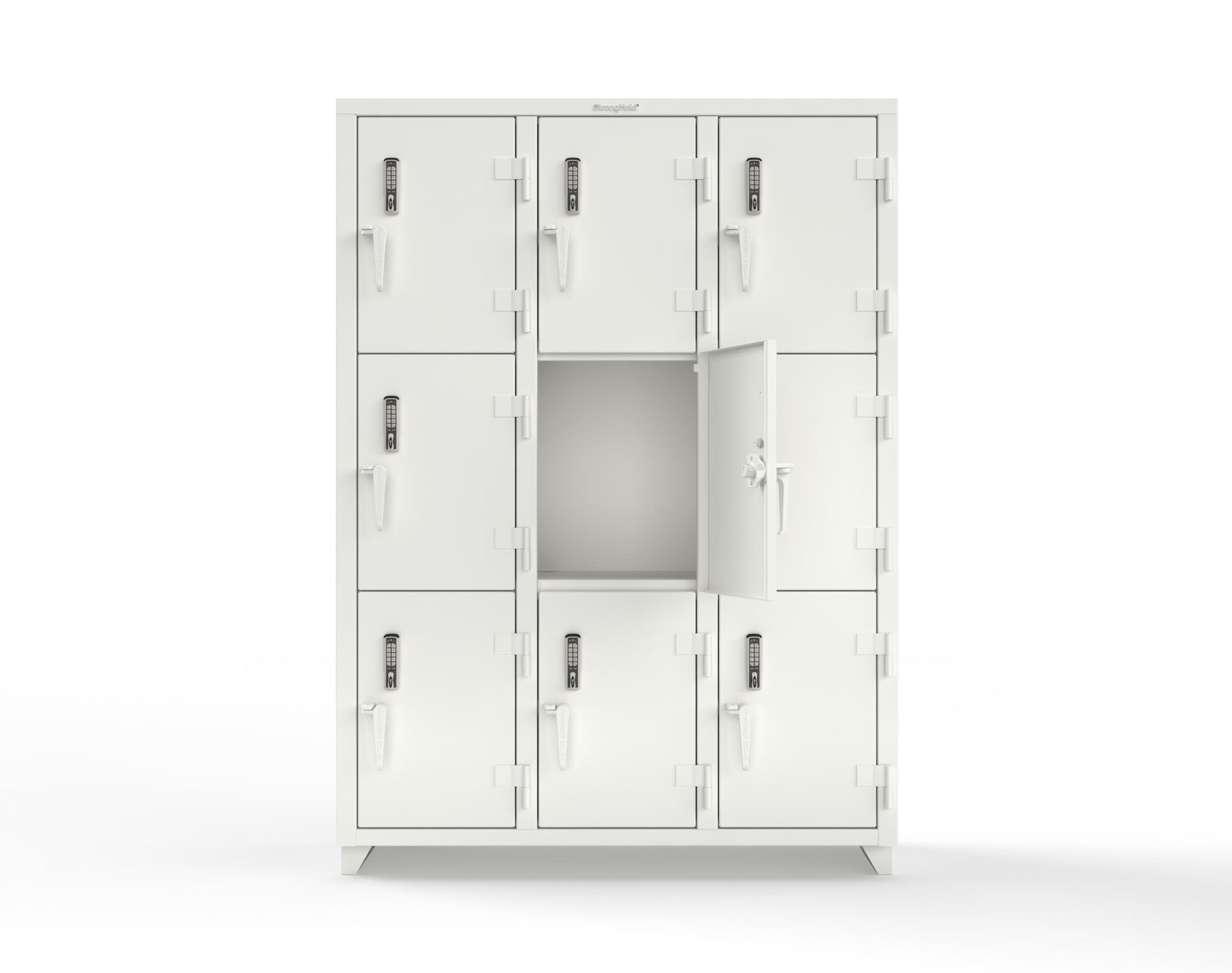 Extra Heavy Duty 14 GA Triple-Tier Locker with Keyless Entry Lock, 9 Compartments – 54 in. W x 18 in. D x 75 in. H - 4.66-9D-18-3T-EK-L-9003