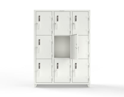 Extra Heavy Duty 14 GA Triple-Tier Locker with Keyless Entry Lock, 9 Compartments – 54 in. W x 18 in. D x 75 in. H - 4.66-9D-18-3T-EK-L-9003