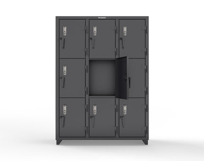 Extra Heavy Duty 14 GA Triple-Tier Locker with Keyless Entry Lock, 9 Compartments – 54 in. W x 18 in. D x 75 in. H - 4.66-9D-18-3T-EK-L-9005