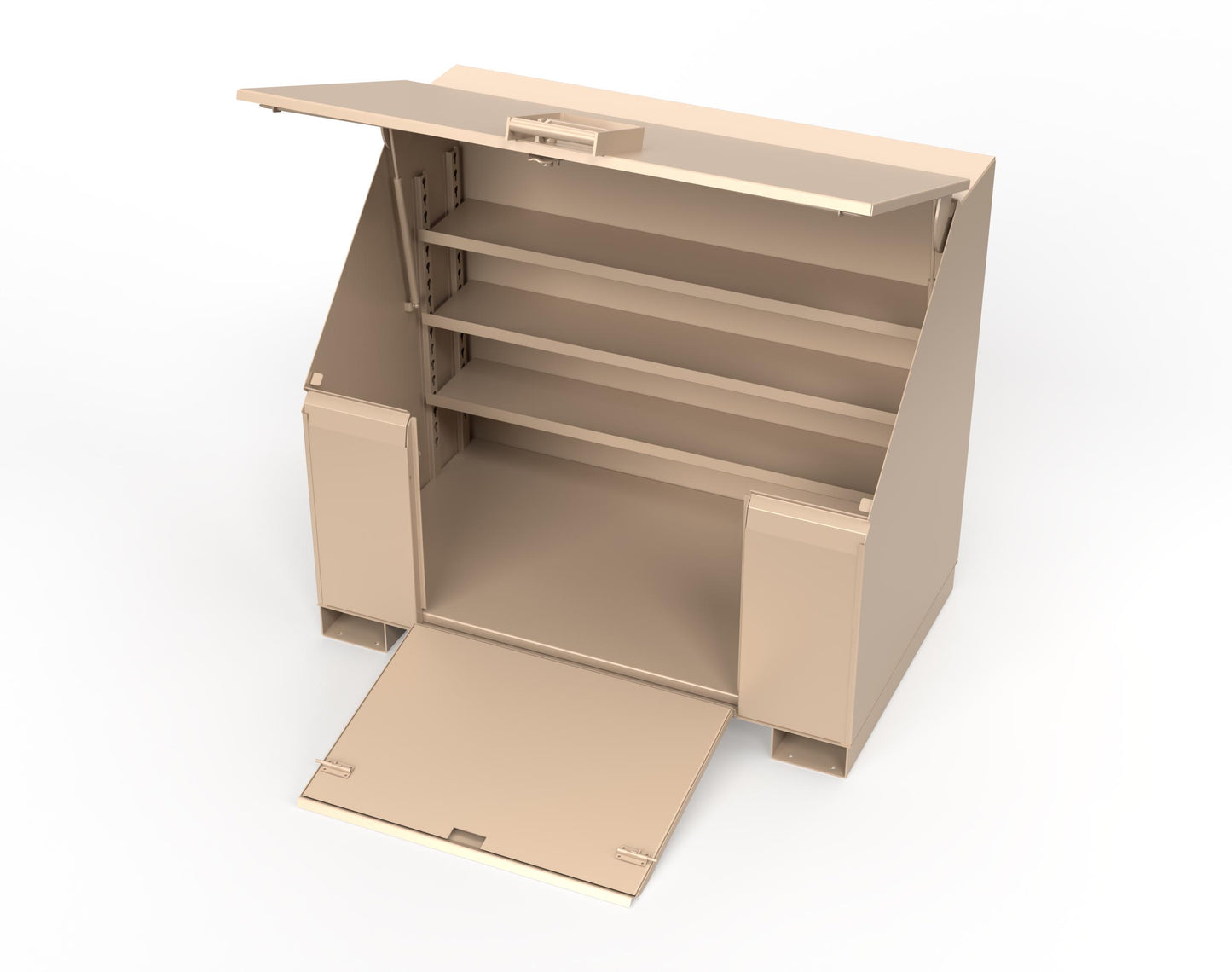 Extreme Duty 12 GA Job Site Box with Lift-Up Lid, Ramp, 3 Shelves - 60 In. W x 36 In. D x 48 In. H - 453UJB-RAMP-1019