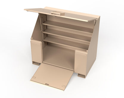 Extreme Duty 12 GA Job Site Box with Lift-Up Lid, Ramp, 3 Shelves - 60 In. W x 36 In. D x 48 In. H - 453UJB-RAMP-1019