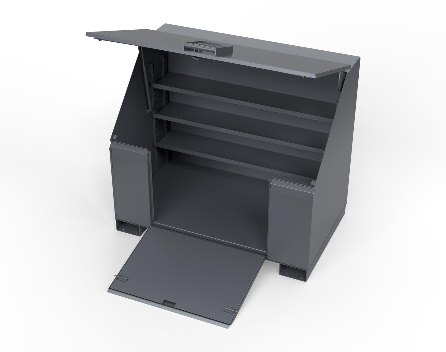 Extreme Duty 12 GA Job Site Box with Lift-Up Lid, Ramp, 3 Shelves - 60 In. W x 36 In. D x 48 In. H - 453UJB-RAMP-7024