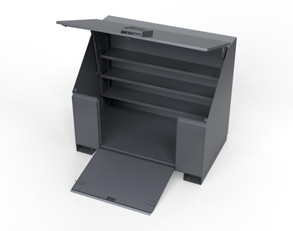 Extreme Duty 12 GA Job Site Box with Lift-Up Lid, Ramp, 3 Shelves - 60 In. W x 36 In. D x 48 In. H - 453UJB-RAMP-7024