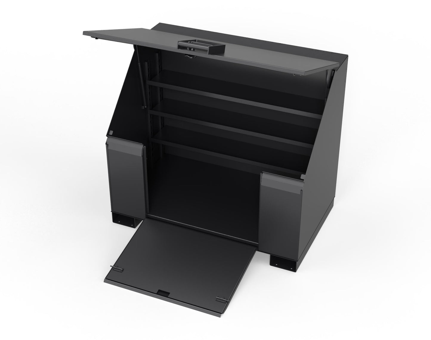 Extreme Duty 12 GA Job Site Box with Lift-Up Lid, Ramp, 3 Shelves - 60 In. W x 36 In. D x 48 In. H - 453UJB-RAMP-9005