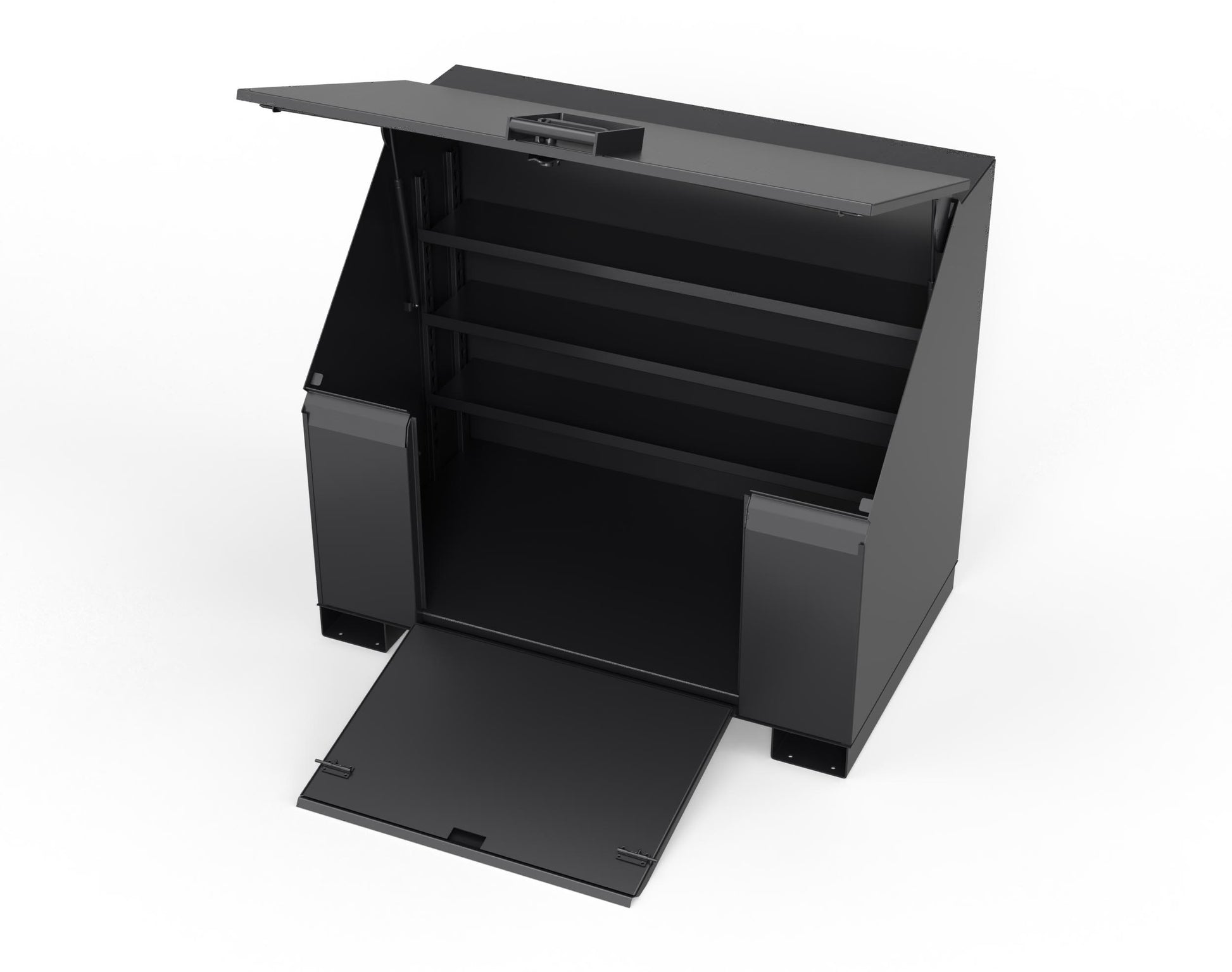 Extreme Duty 12 GA Job Site Box with Lift-Up Lid, Ramp, 3 Shelves - 60 In. W x 36 In. D x 48 In. H - 453UJB-RAMP-9005