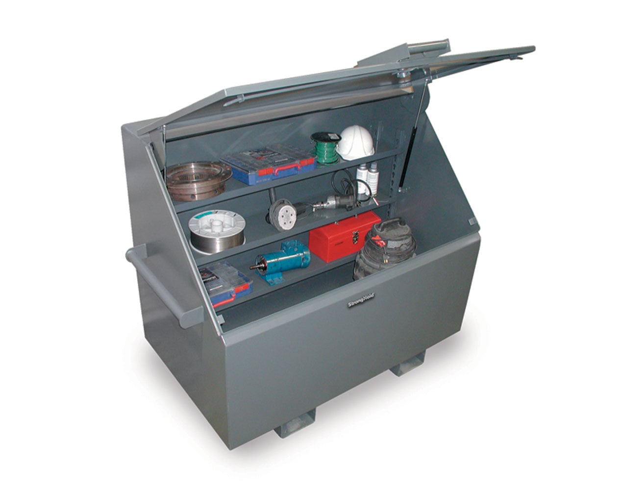 Extreme Duty 12 GA Job Site Box with Lift-Up Lid, 3 Shelves - 60 In. W ...