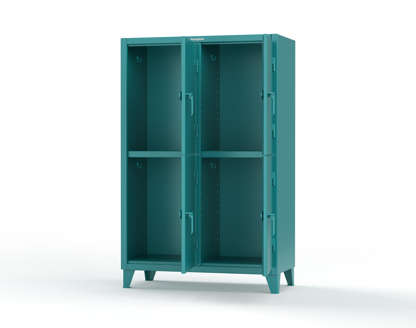 Extreme Duty 12 GA Double-Tier Locker with 4 Compartments, 8 Shelves, Coat Hooks | 50 in. W x 24in. D x 78 in. H - 46-24-2TPL-7024 - 46-24-2TPL-5021