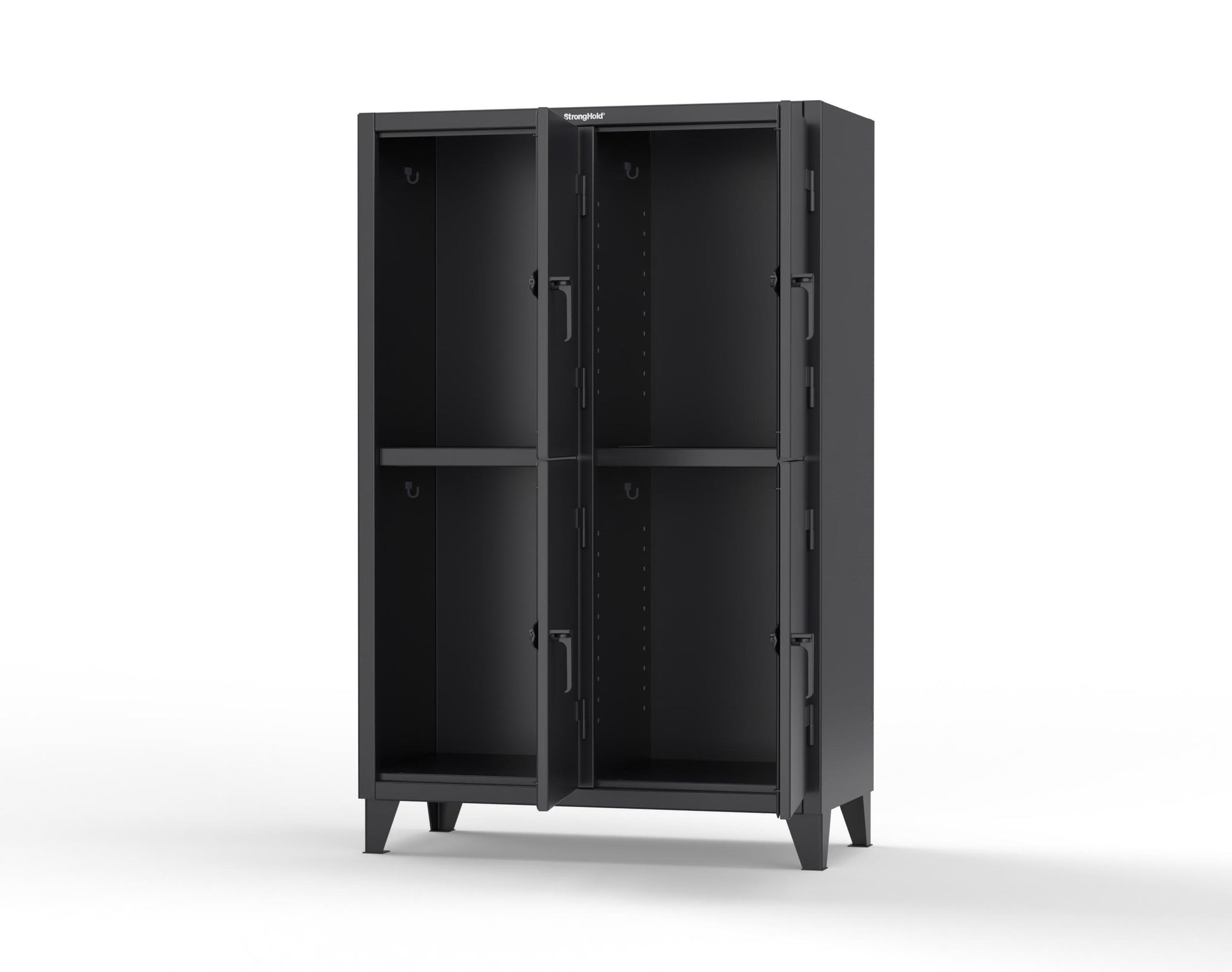 Extreme Duty 12 GA Double-Tier Locker with 4 Compartments, 8 Shelves, Coat Hooks | 50 in. W x 24in. D x 78 in. H - 46-24-2TPL-7024 - 46-24-2TPL-9005