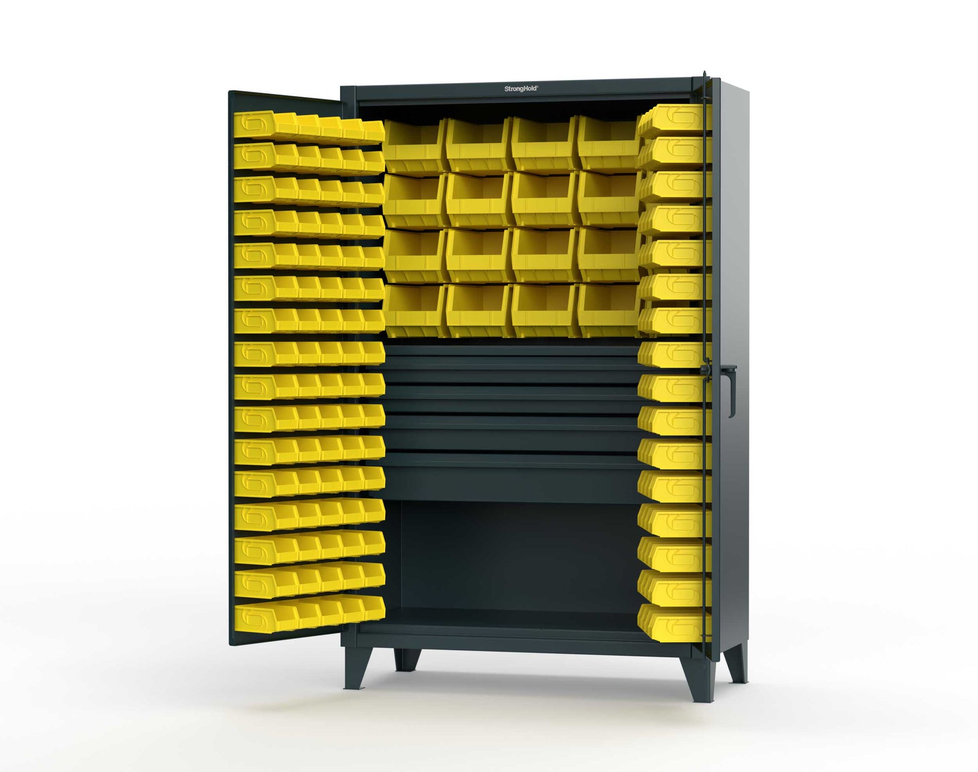 Extreme Duty 12 GA Bin Cabinet with Multiple Sized Bins, 4 Drawers, 1 Shelf - 48 In. W x 24 In. D x 78 In. H - 46-BBS-241-4DB-5001