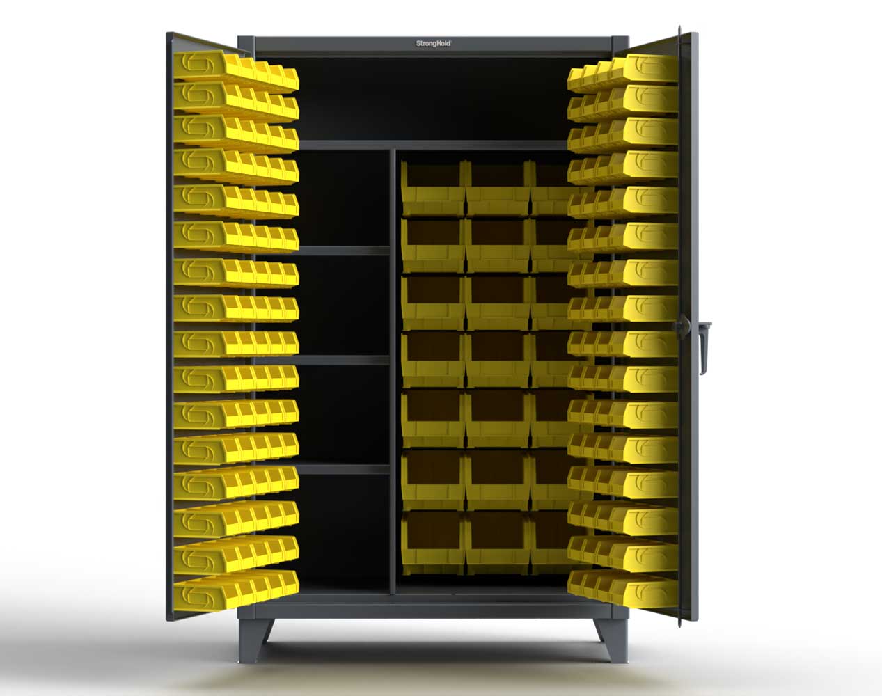 Extreme Duty 12 GA Bin Cabinet with Multiple Sized Bins, 3 Half-Width Shelves, 1 Full-Width Shelf - 48 In. W x 24 In. D x 78 In. H