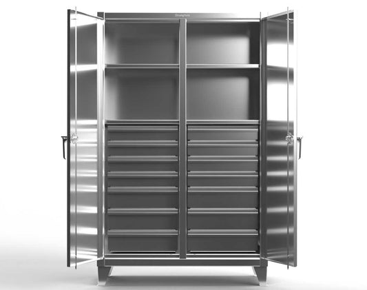 Extreme Duty 12 GA Stainless Steel Double Shift Cabinet with 14 Drawers, 4 Shelves - 60 In. W x 24 In. D x 78 In. H