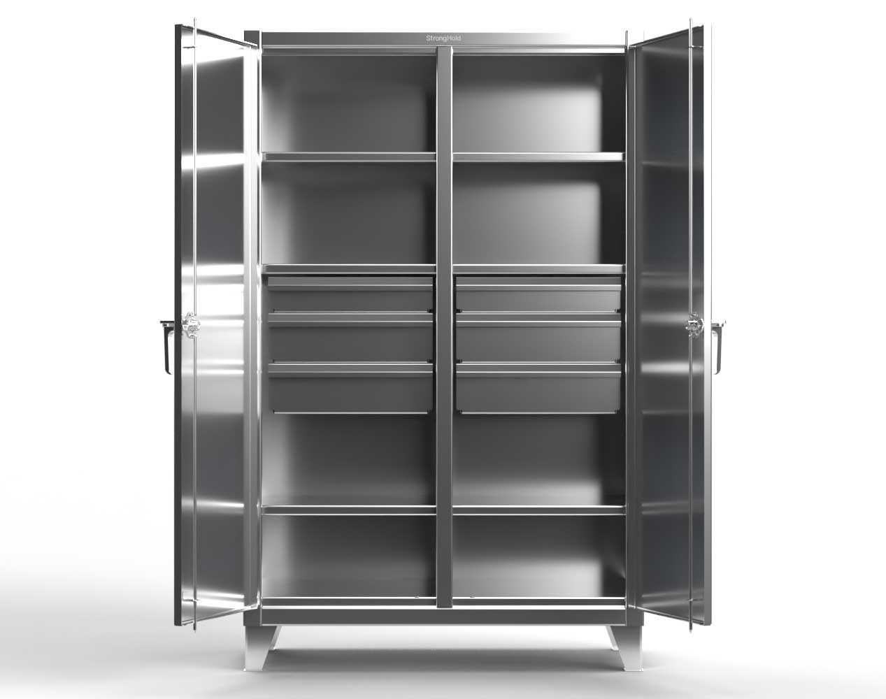Extreme Duty 12 GA Stainless Steel Double Shift Cabinet with 8 Drawers, 6 Shelves - 60 In. W x 24 In. D x 78 In. H