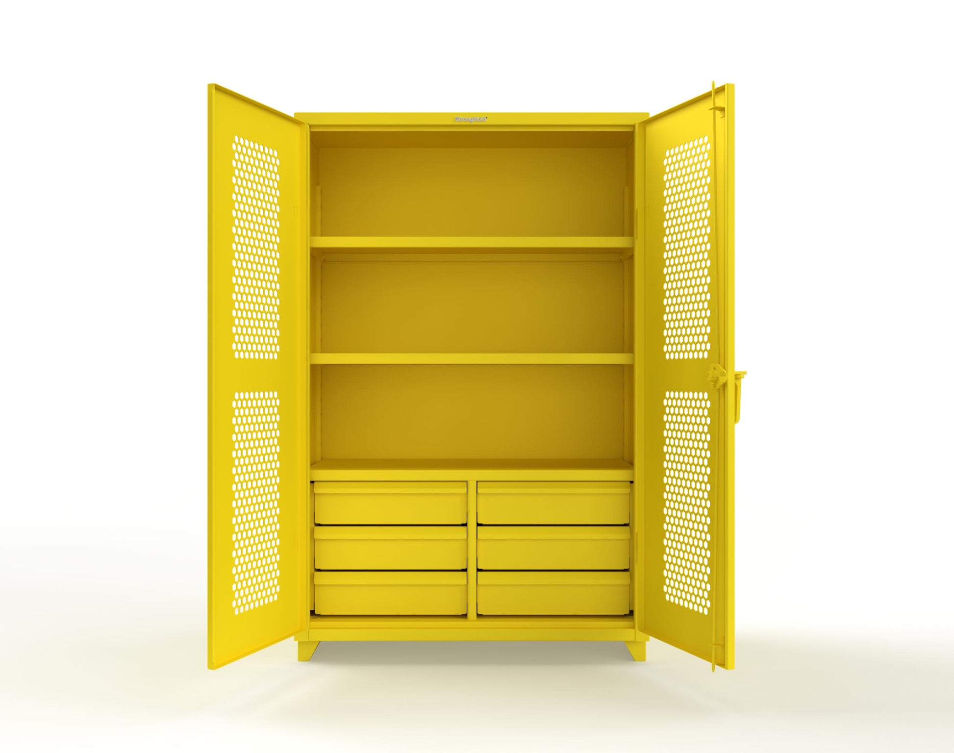 Extra Heavy Duty 14 GA Ventilated (Hex) Cabinet with 6 Half-Width Drawers, 3 Shelves - 48 In. W x 24 In. D x 75 In. H - 46-H-243-6/5DB-L-1021