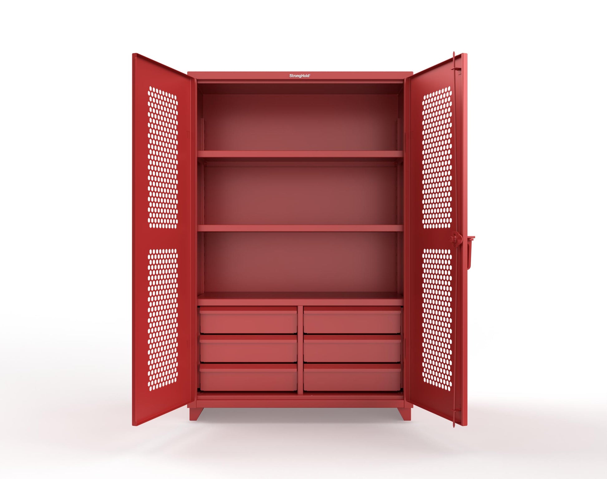 Extra Heavy Duty 14 GA Ventilated (Hex) Cabinet with 6 Half-Width Drawers, 3 Shelves - 48 In. W x 24 In. D x 75 In. H - 46-H-243-6/5DB-L-3001