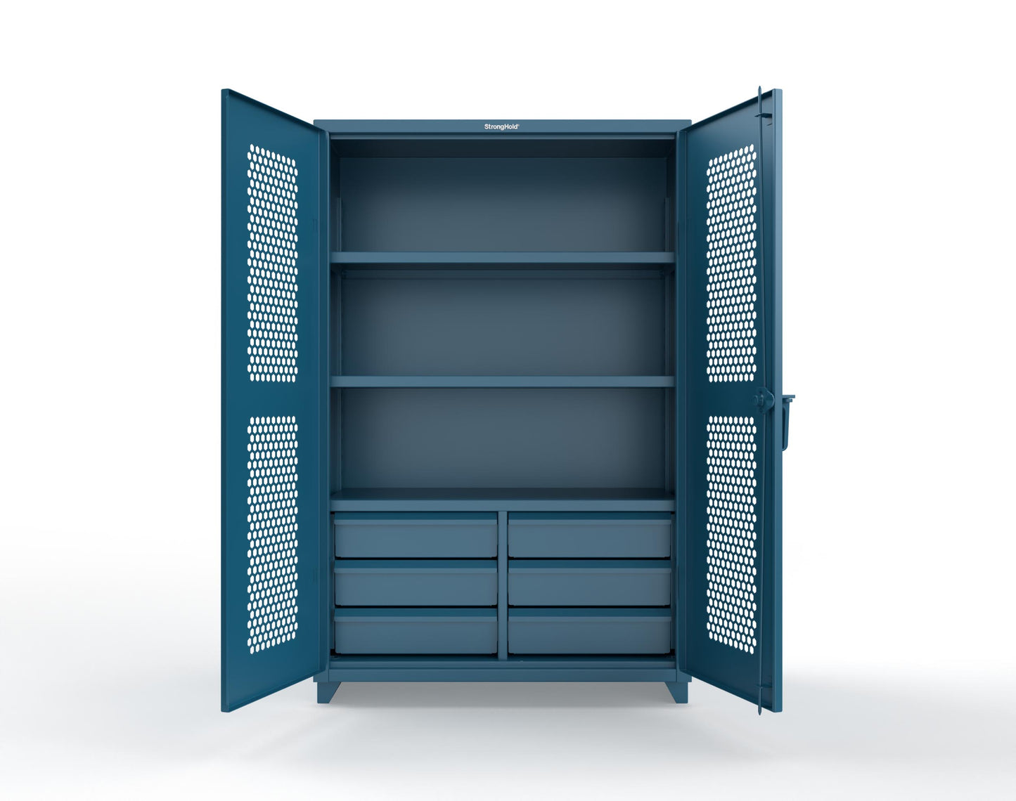 Extra Heavy Duty 14 GA Ventilated (Hex) Cabinet with 6 Half-Width Drawers, 3 Shelves - 48 In. W x 24 In. D x 75 In. H - 46-H-243-6/5DB-L-5001