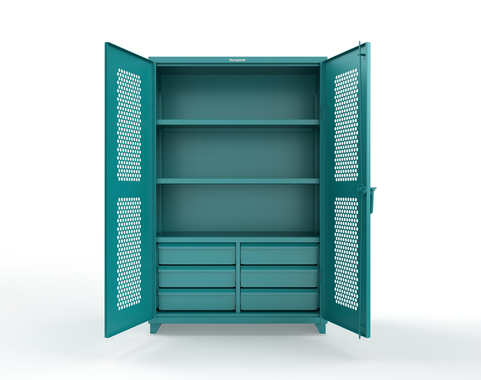 Extra Heavy Duty 14 GA Ventilated (Hex) Cabinet with 6 Half-Width Drawers, 3 Shelves - 48 In. W x 24 In. D x 75 In. H - 46-H-243-6/5DB-L-5021