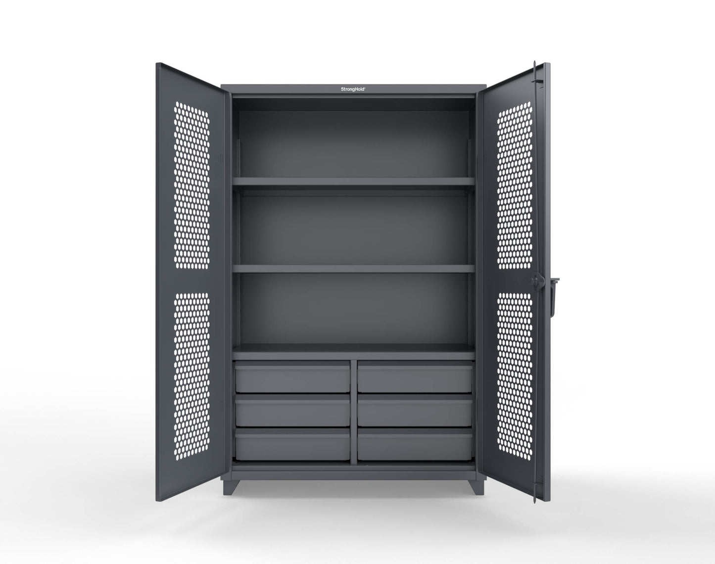 Extra Heavy Duty 14 GA Ventilated (Hex) Cabinet with 6 Half-Width Drawers, 3 Shelves - 48 In. W x 24 In. D x 75 In. H - 46-H-243-6/5DB-L-7024