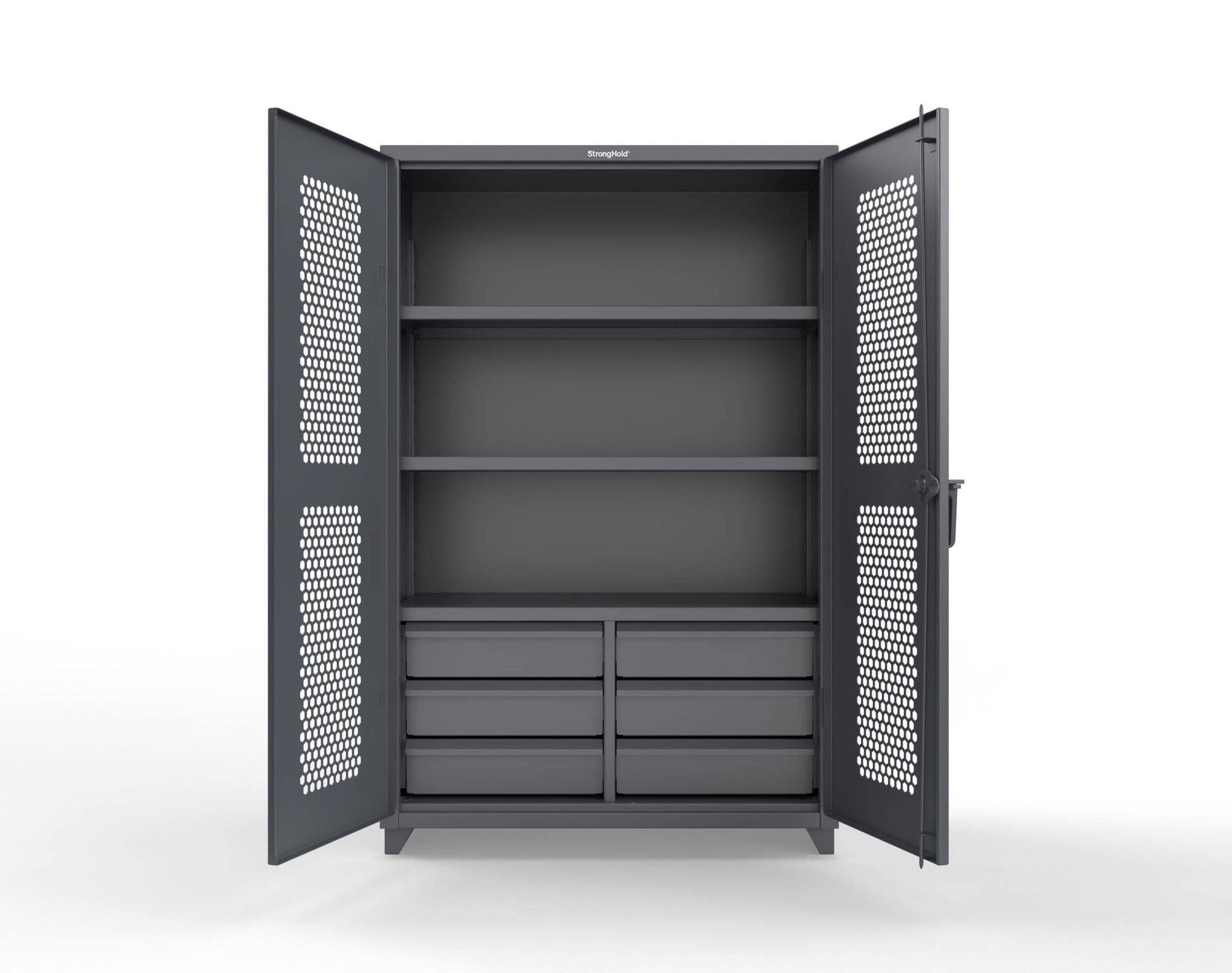 Extra Heavy Duty 14 GA Ventilated (Hex) Cabinet with 6 Half-Width Drawers, 3 Shelves - 48 In. W x 24 In. D x 75 In. H - 46-H-243-6/5DB-L-7024