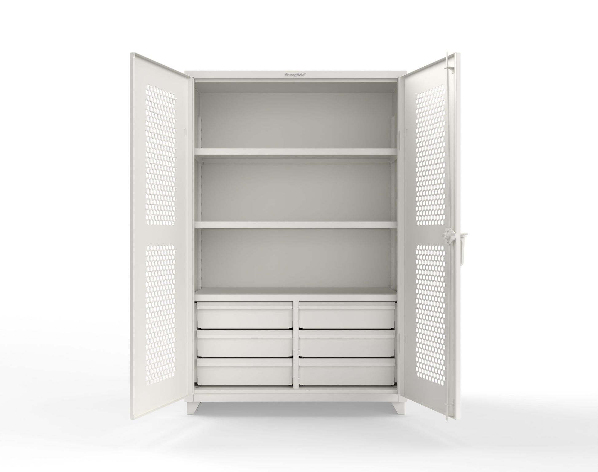 Extra Heavy Duty 14 GA Ventilated (Hex) Cabinet with 6 Half-Width Drawers, 3 Shelves - 48 In. W x 24 In. D x 75 In. H - 46-H-243-6/5DB-L-9003