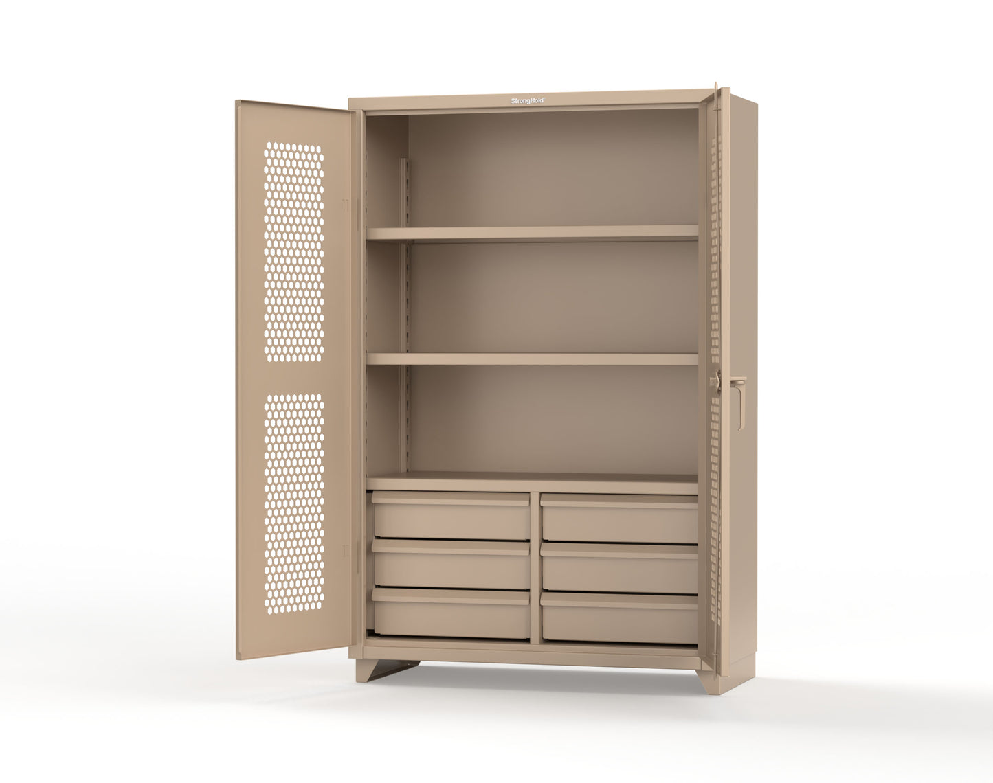 Extra Heavy Duty 14 GA Ventilated (Hex) Cabinet with 6 Half-Width Drawers, 3 Shelves - 48 In. W x 24 In. D x 75 In. H - 46-H-243-6/5DB-L-1019