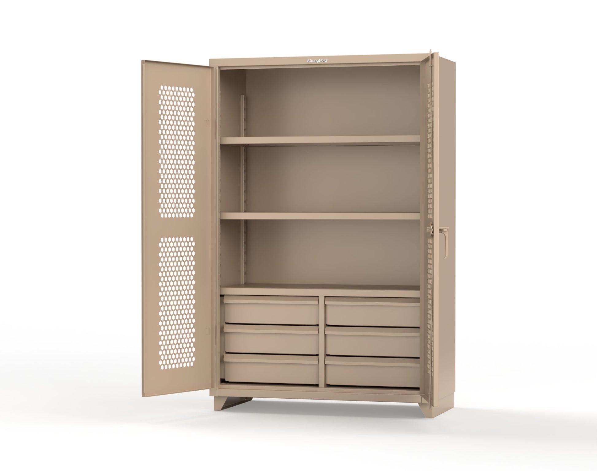 Extra Heavy Duty 14 GA Ventilated (Hex) Cabinet with 6 Half-Width Drawers, 3 Shelves - 48 In. W x 24 In. D x 75 In. H - 46-H-243-6/5DB-L-1019