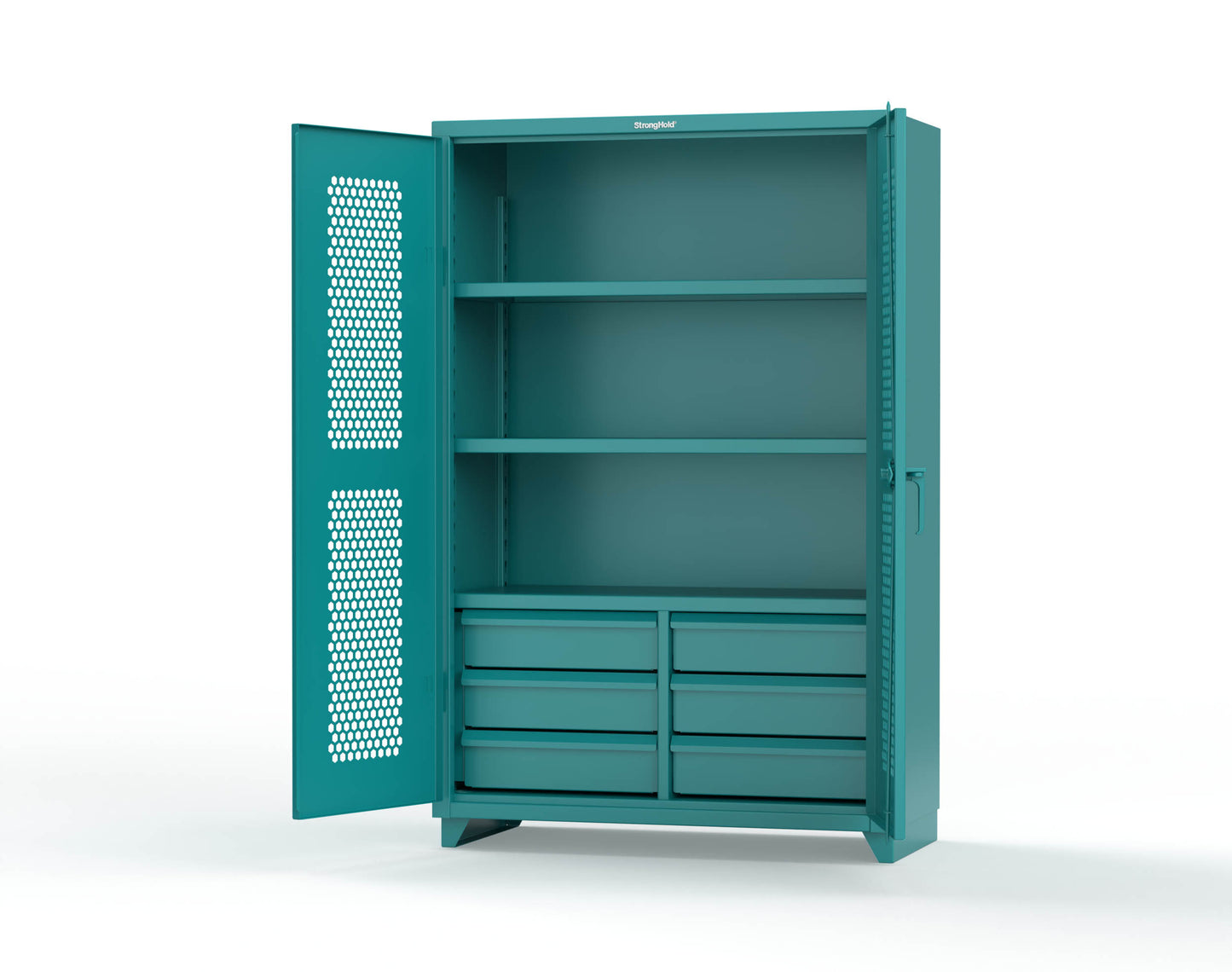 Extra Heavy Duty 14 GA Ventilated (Hex) Cabinet with 6 Half-Width Drawers, 3 Shelves - 48 In. W x 24 In. D x 75 In. H - 46-H-243-6/5DB-L-5021