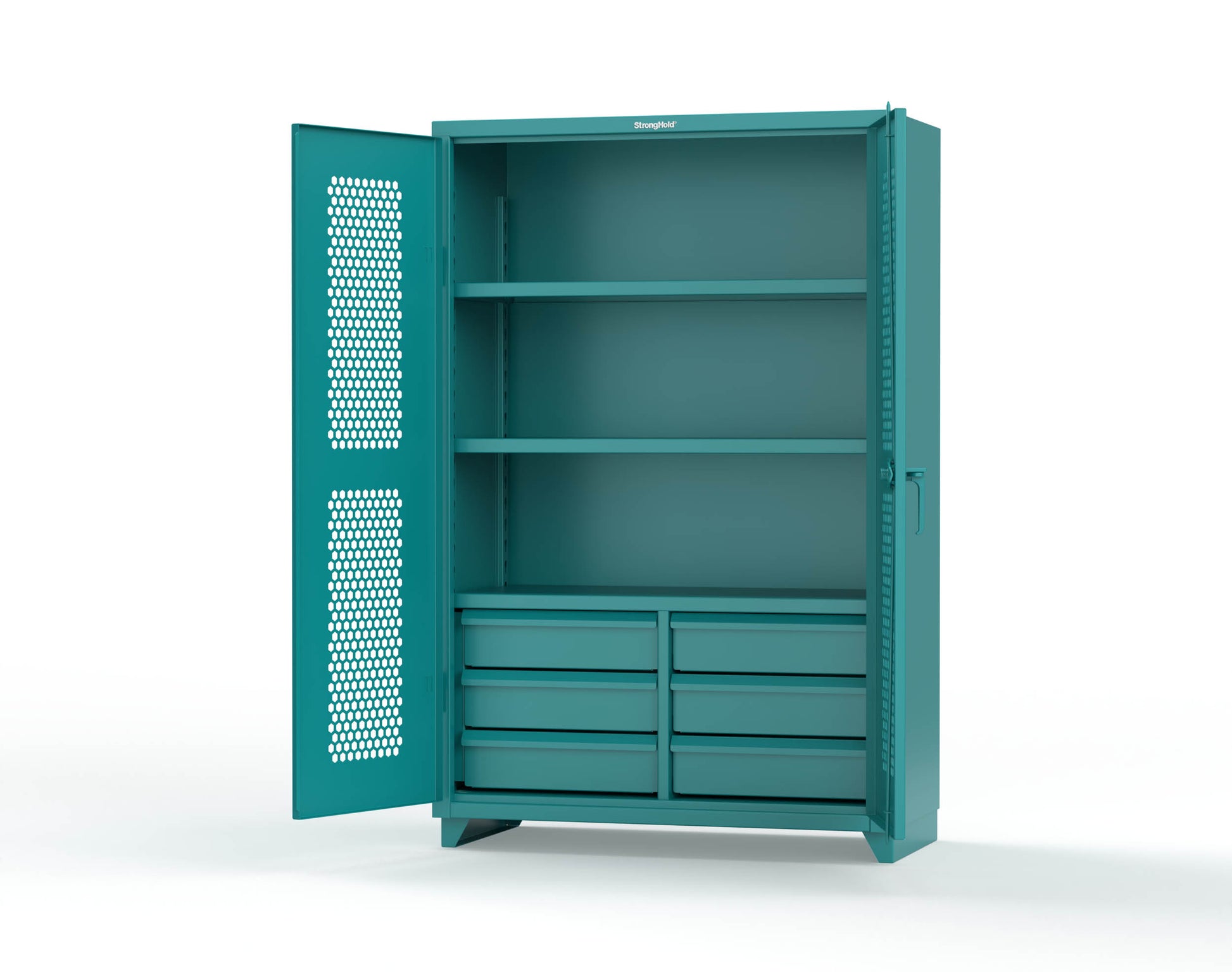 Extra Heavy Duty 14 GA Ventilated (Hex) Cabinet with 6 Half-Width Drawers, 3 Shelves - 48 In. W x 24 In. D x 75 In. H - 46-H-243-6/5DB-L-5021