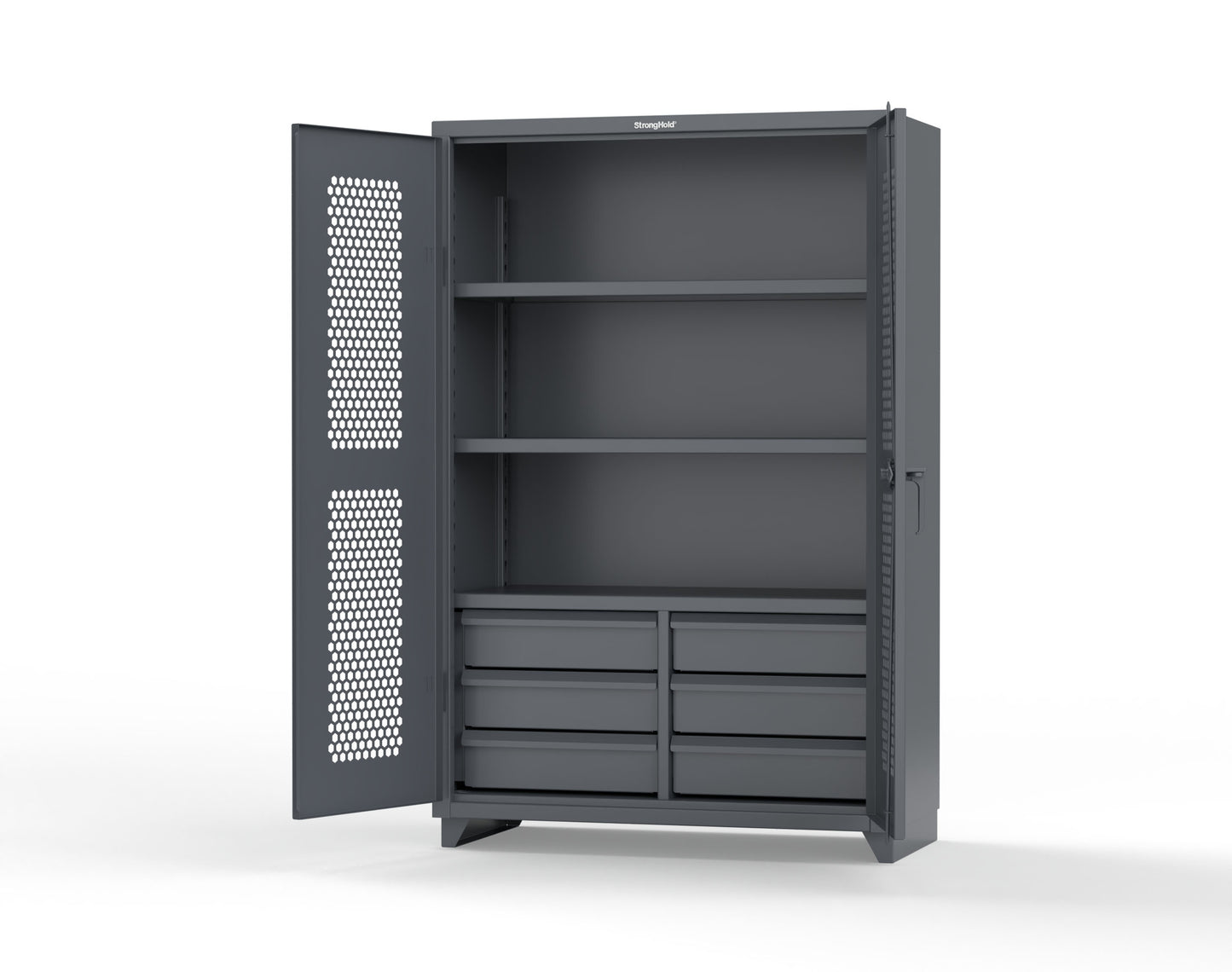 Extra Heavy Duty 14 GA Ventilated (Hex) Cabinet with 6 Half-Width Drawers, 3 Shelves - 48 In. W x 24 In. D x 75 In. H - 46-H-243-6/5DB-L-7024