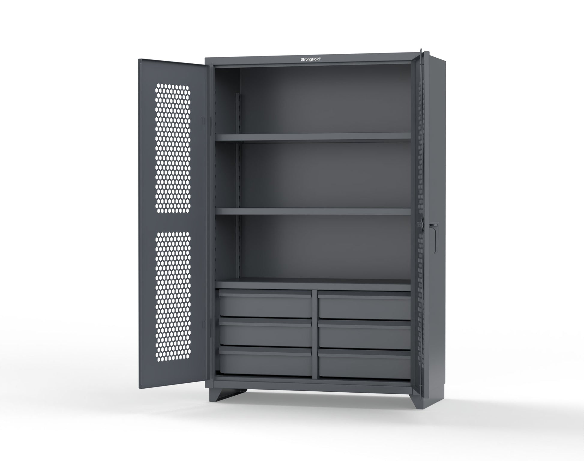 Extra Heavy Duty 14 GA Ventilated (Hex) Cabinet with 6 Half-Width Drawers, 3 Shelves - 48 In. W x 24 In. D x 75 In. H - 46-H-243-6/5DB-L-7024