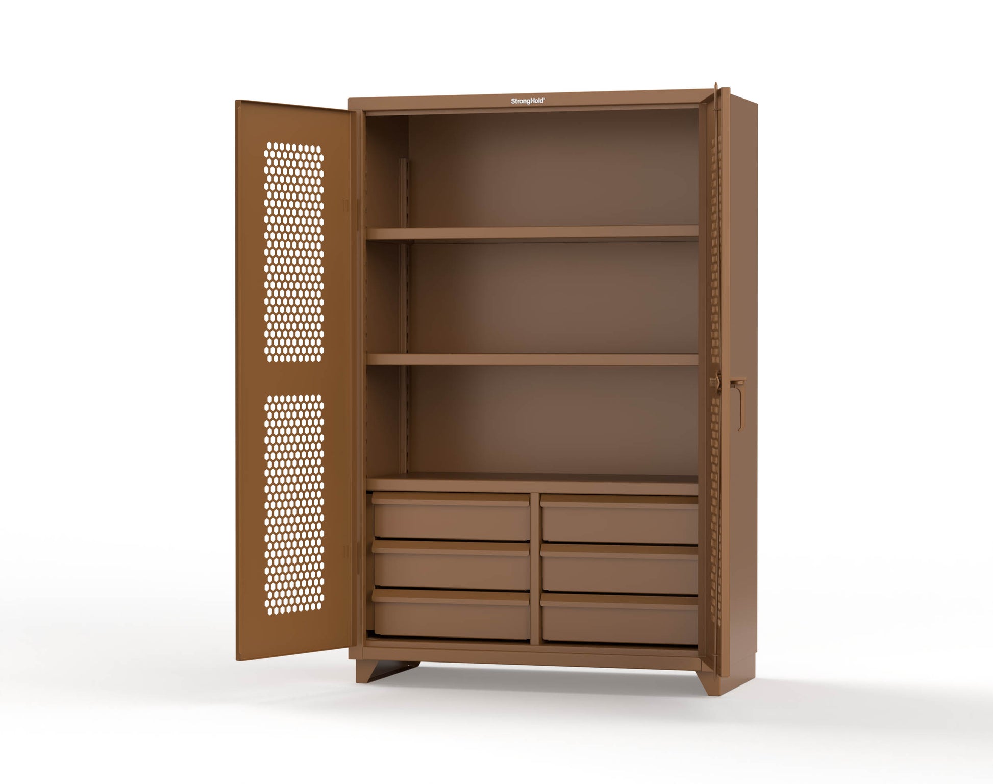 Extra Heavy Duty 14 GA Ventilated (Hex) Cabinet with 6 Half-Width Drawers, 3 Shelves - 48 In. W x 24 In. D x 75 In. H - 46-H-243-6/5DB-L-8008
