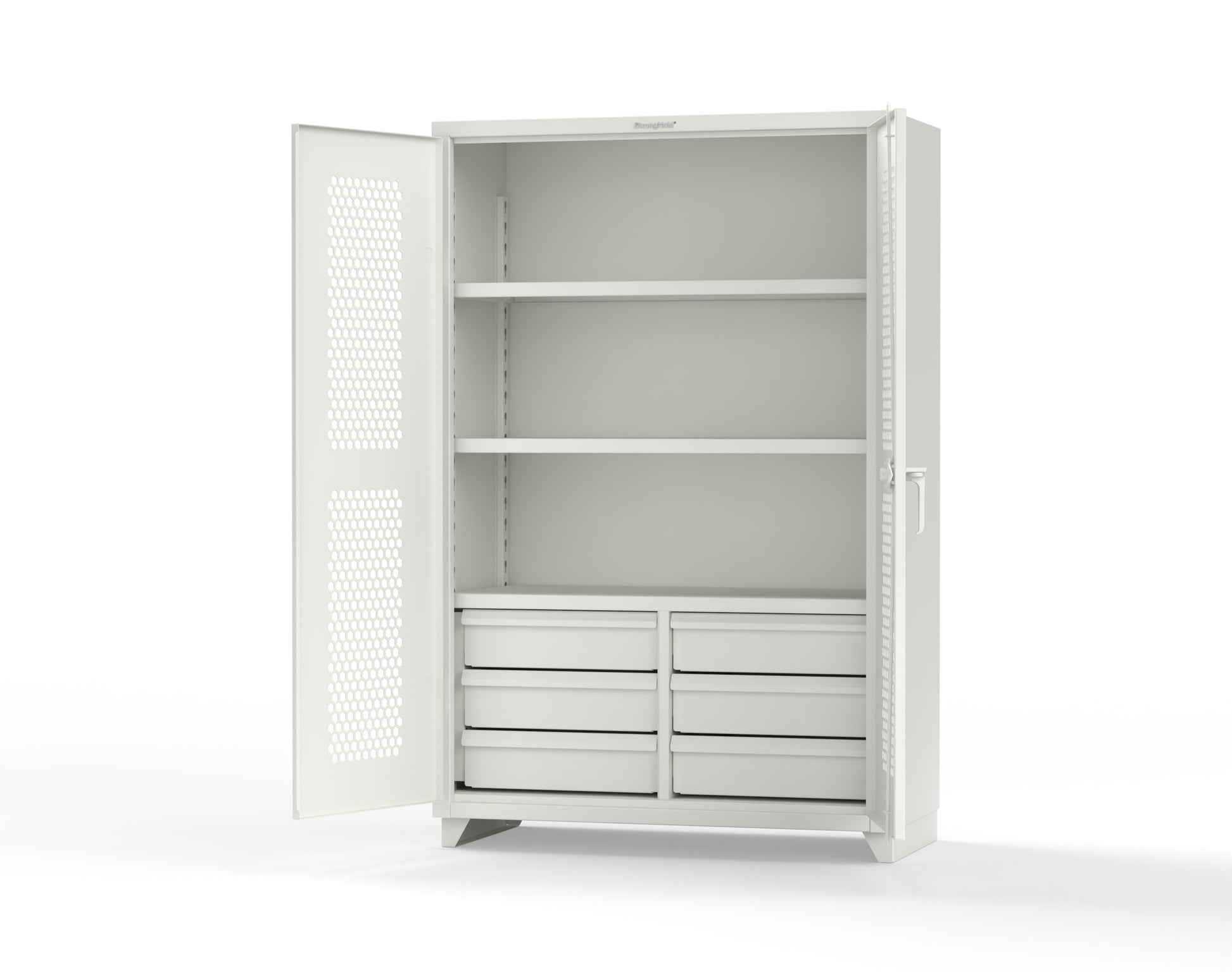 Extra Heavy Duty 14 GA Ventilated (Hex) Cabinet with 6 Half-Width Drawers, 3 Shelves - 48 In. W x 24 In. D x 75 In. H - 46-H-243-6/5DB-L-9003