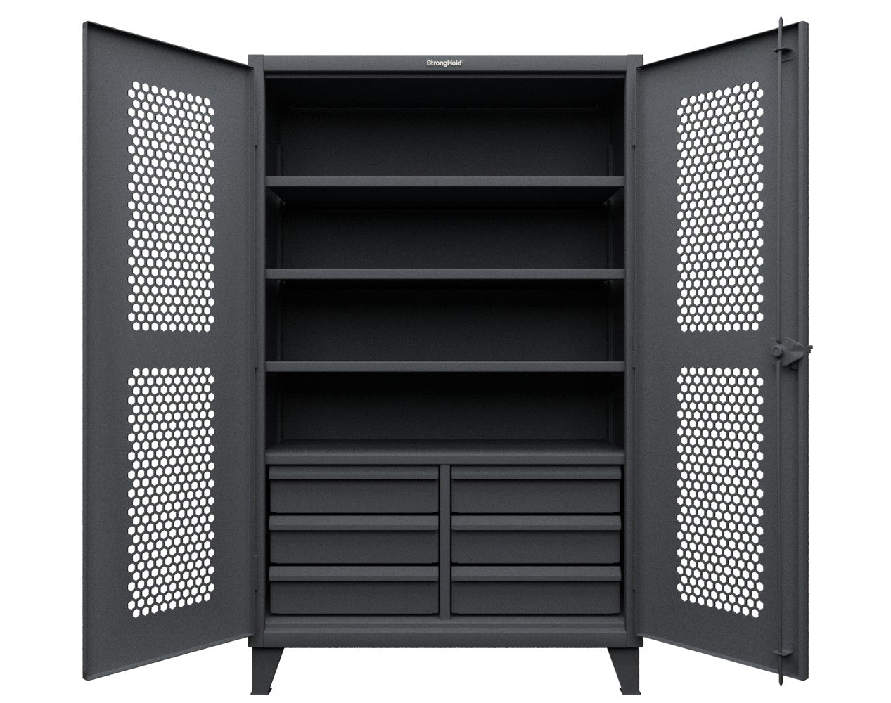 Extreme Duty 12 GA Ventilated (Hex) Cabinet with 6 Half-Width Drawers, 4 Shelves - 48 In. W x 24 In. D x 78 In. H