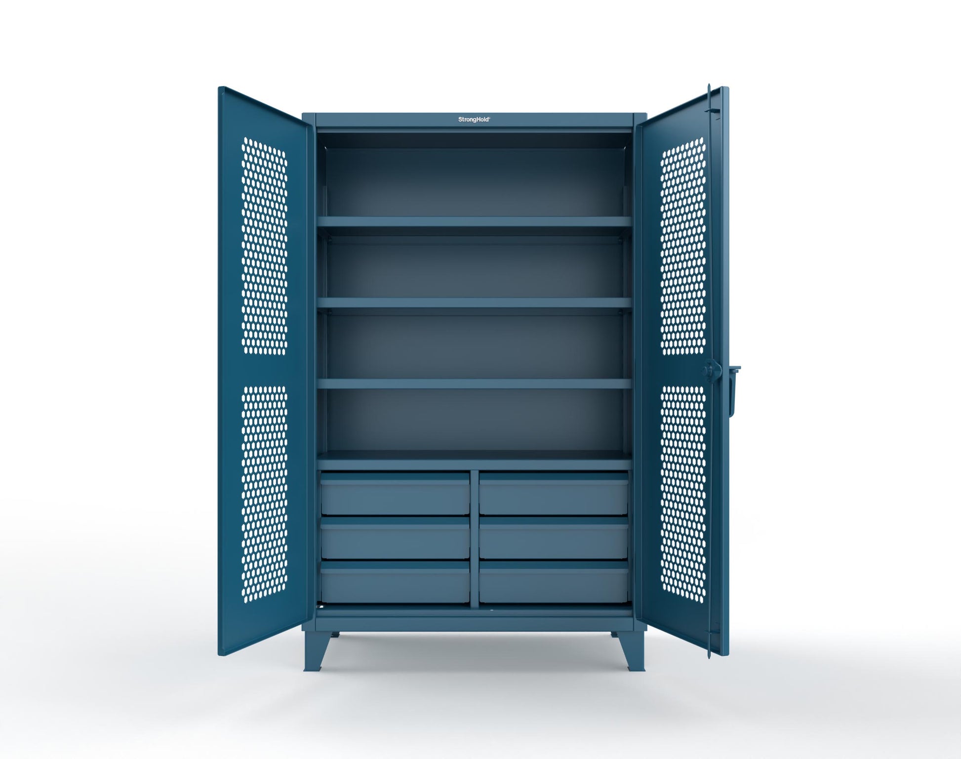 Extreme Duty 12 GA Ventilated (Hex) Cabinet with 6 Half-Width Drawers, 4 Shelves - 48 In. W x 24 In. D x 78 In. H - 46-H-244-6/5DB-5001