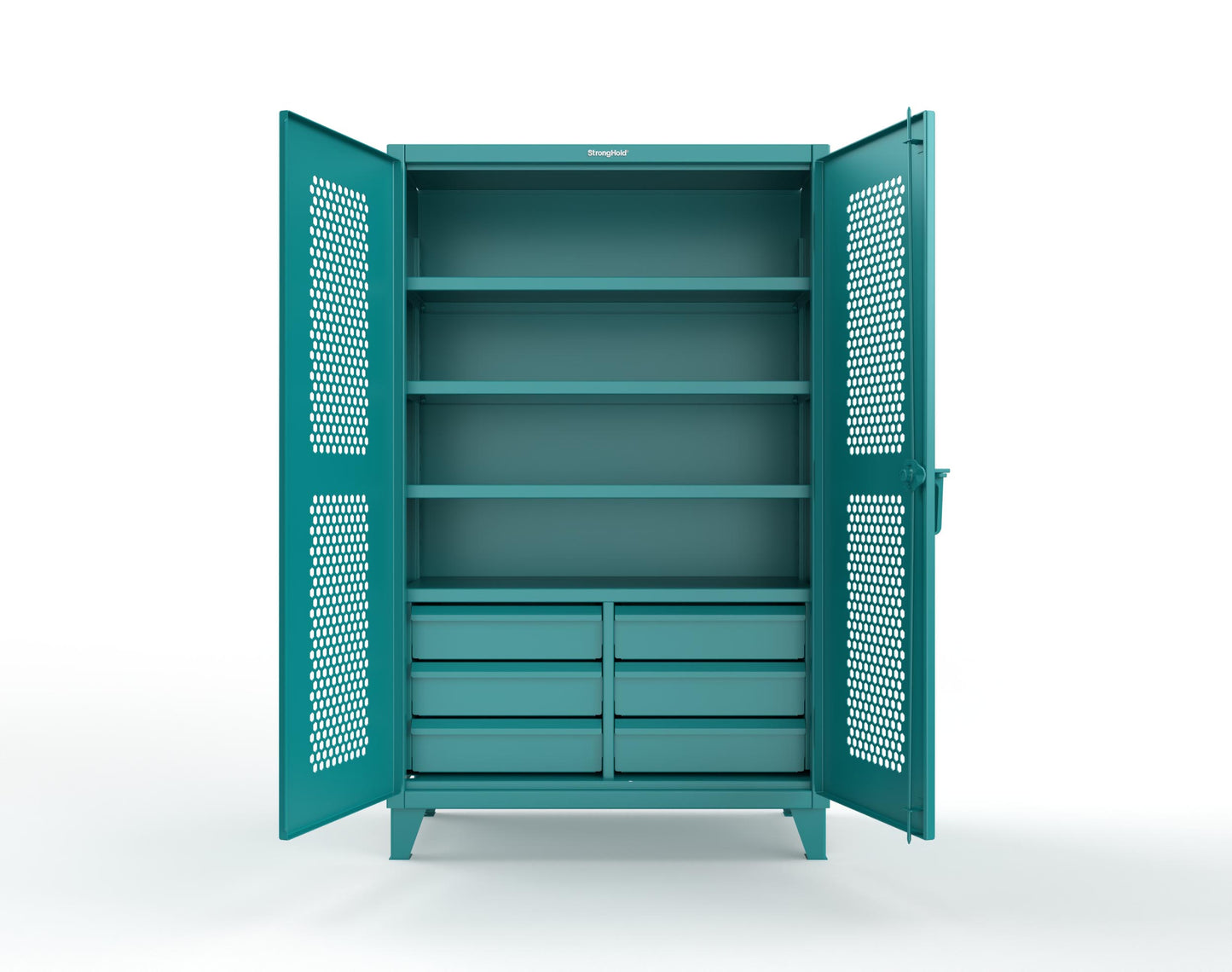 Extreme Duty 12 GA Ventilated (Hex) Cabinet with 6 Half-Width Drawers, 4 Shelves - 48 In. W x 24 In. D x 78 In. H - 46-H-244-6/5DB-5021