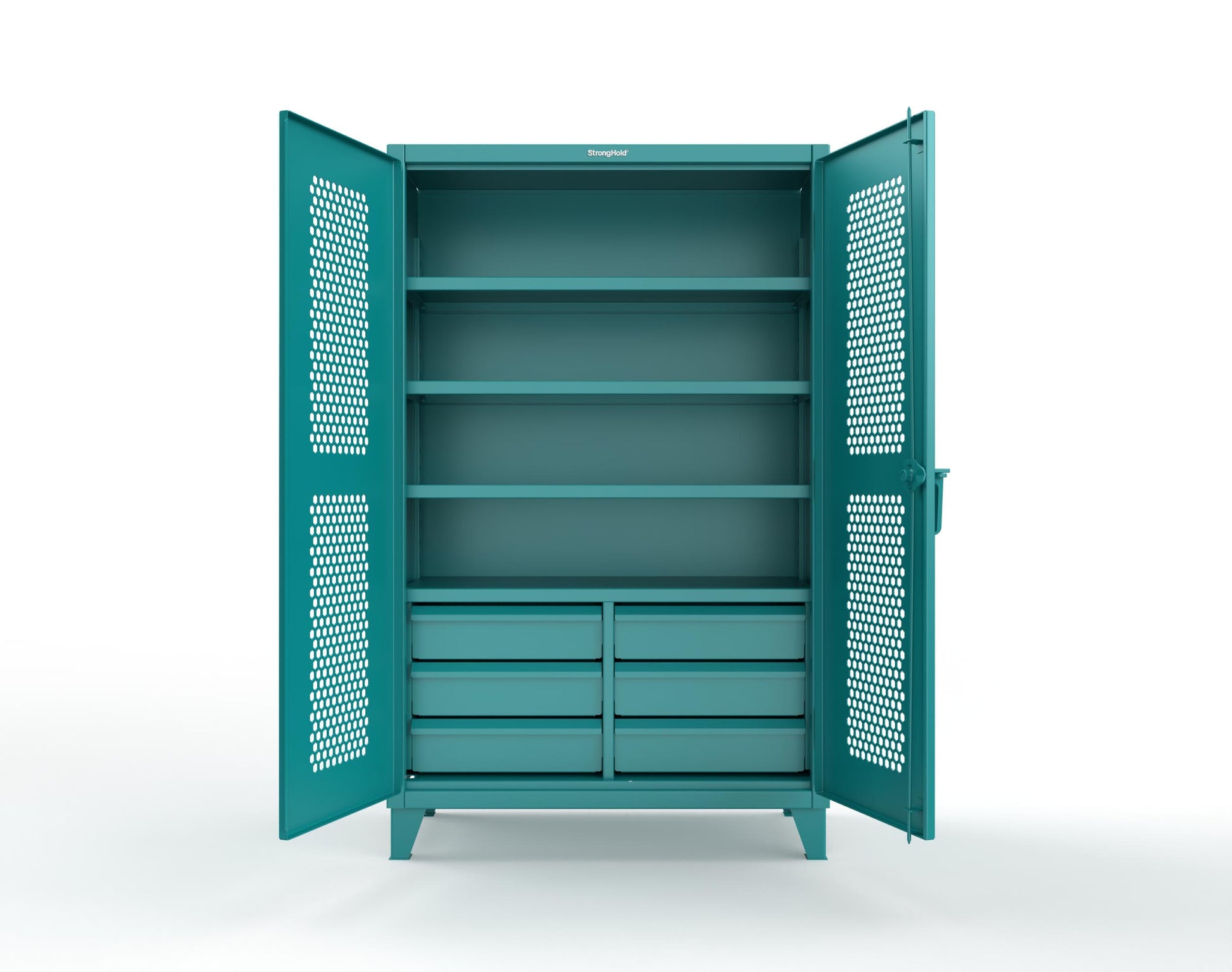 Extreme Duty 12 GA Ventilated (Hex) Cabinet with 6 Half-Width Drawers, 4 Shelves - 48 In. W x 24 In. D x 78 In. H - 46-H-244-6/5DB-5021
