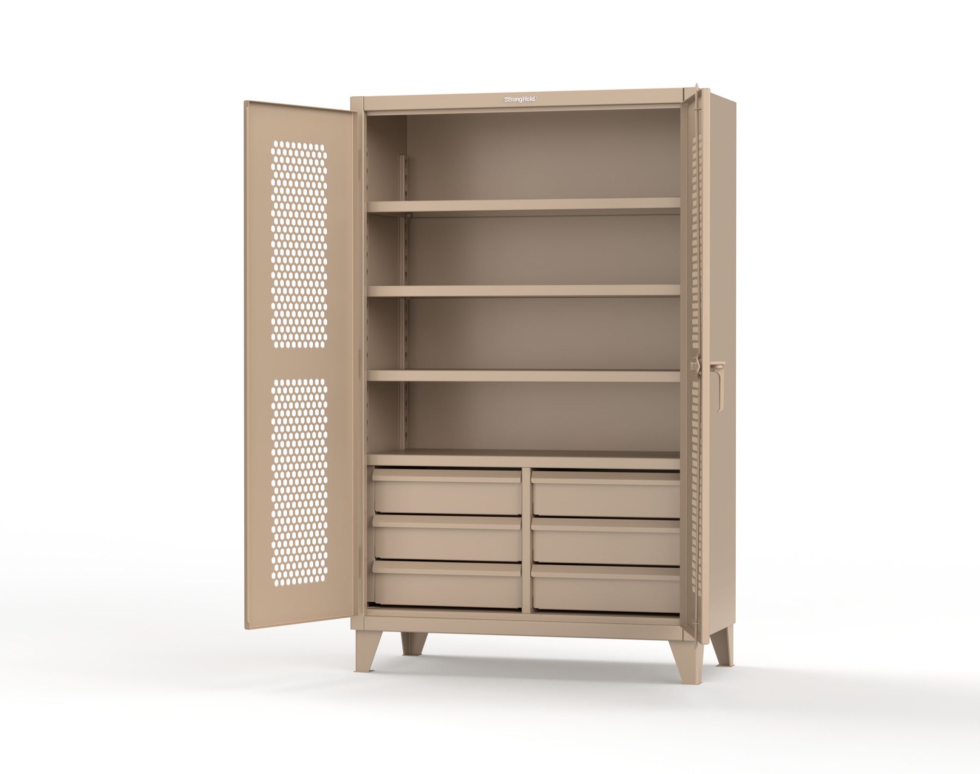 Extreme Duty 12 GA Ventilated (Hex) Cabinet with 6 Half-Width Drawers, 4 Shelves - 48 In. W x 24 In. D x 78 In. H - 46-H-244-6/5DB-1019