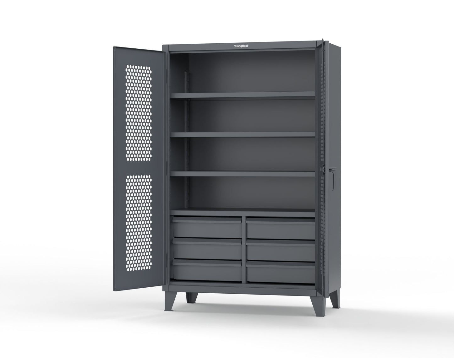 Extreme Duty 12 GA Ventilated (Hex) Cabinet with 6 Half-Width Drawers, 4 Shelves - 48 In. W x 24 In. D x 78 In. H - 46-H-244-6/5DB-7024 