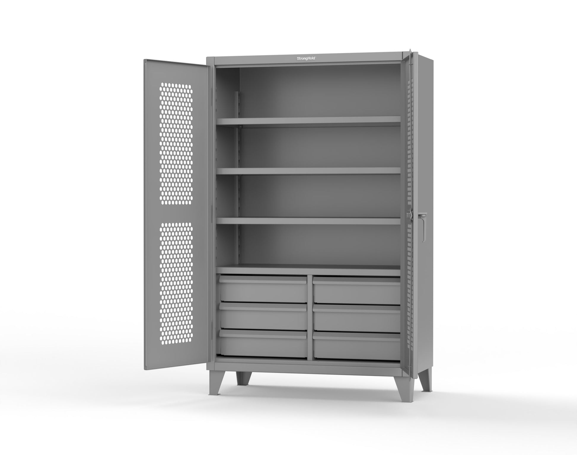 Extreme Duty 12 GA Ventilated (Hex) Cabinet with 6 Half-Width Drawers, 4 Shelves - 48 In. W x 24 In. D x 78 In. H - 46-H-244-6/5DB-7037