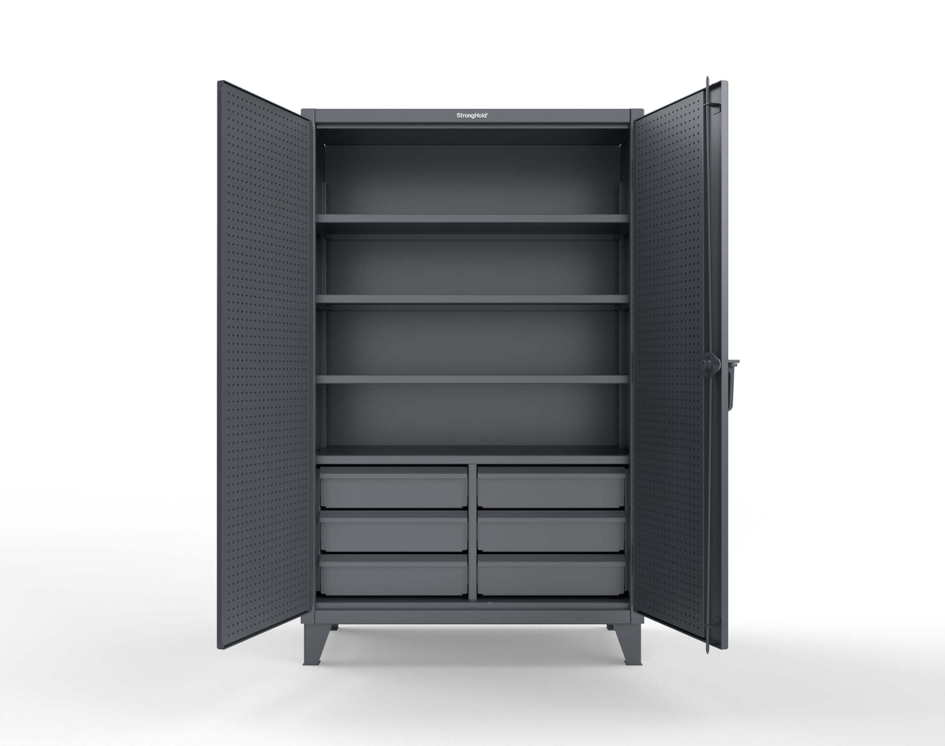 Extreme Duty 12 GA Cabinet with 4 Slide-Out Shelves, 6 Half-Width Drawers with Dividers - 48 In. W x 24 In. D x 78 In. H - 46-PB-244SOS-6/5DBPH-7024