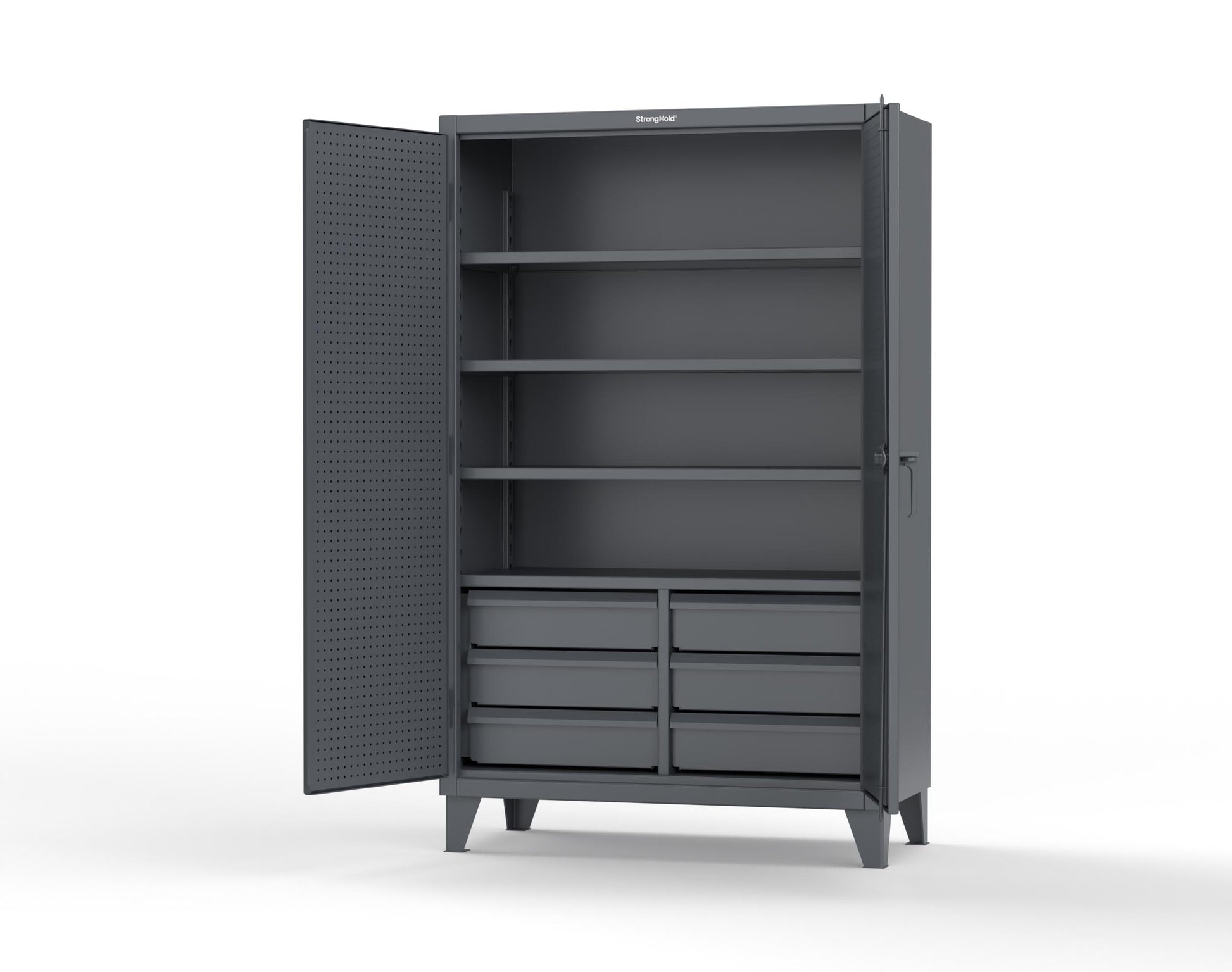 Extreme Duty 12 GA Cabinet with 4 Slide-Out Shelves, 6 Half-Width Drawers with Dividers - 48 In. W x 24 In. D x 78 In. H - 46-PB-244SOS-6/5DBPH-7024