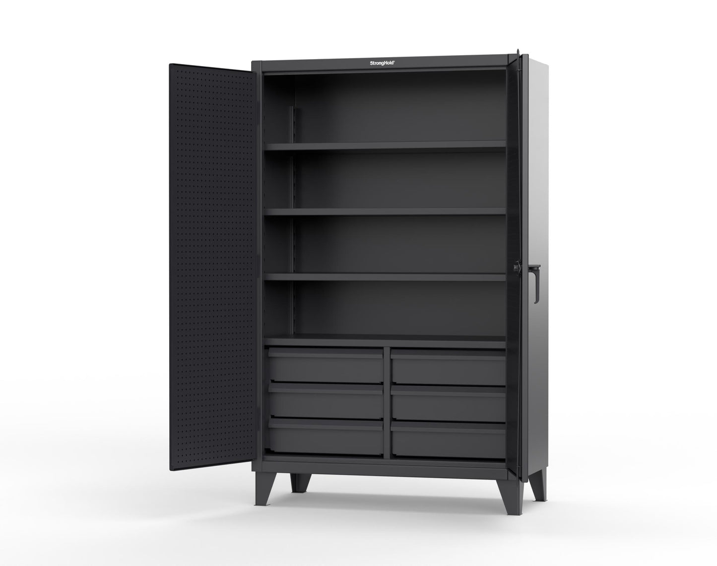 Extreme Duty 12 GA Cabinet with 4 Slide-Out Shelves, 6 Half-Width Drawers with Dividers - 48 In. W x 24 In. D x 78 In. H - 46-PB-244SOS-6/5DBPH-9005