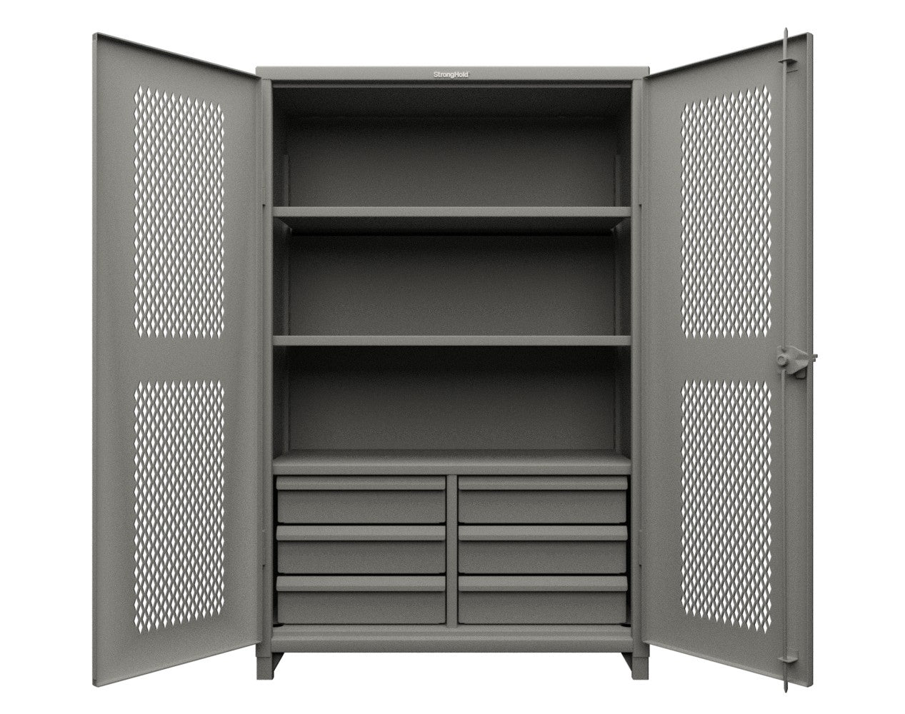 Extra Heavy Duty 14 GA Ventilated (Diamond) Cabinet with 6 Half-Width Drawers, 3 Shelves - 48 In. W x 24 In. D x 75 In. H