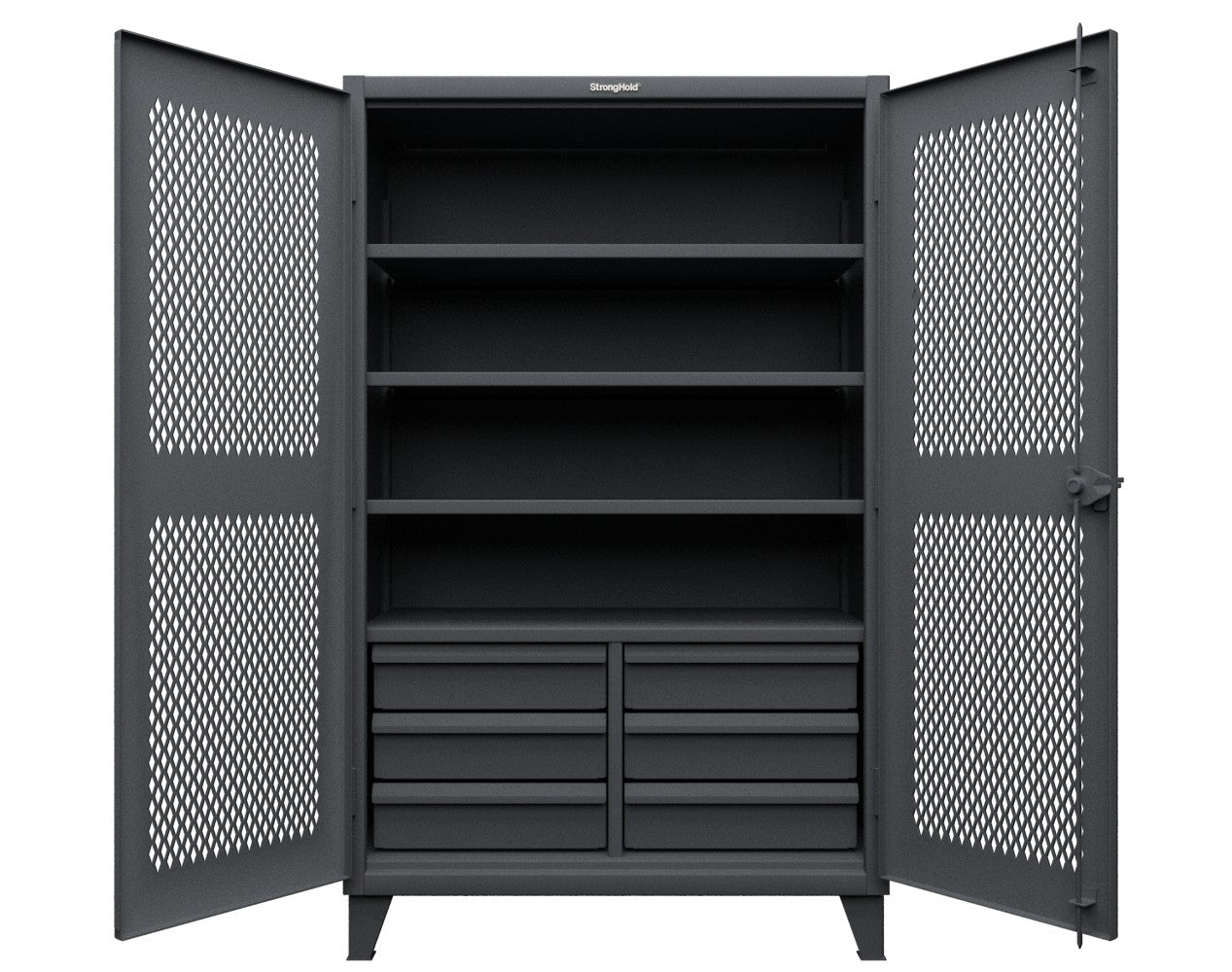 Extreme Duty 12 GA Ventilated (Diamond) Cabinet with 6 Half-Width Drawers, 4 Shelves - 48 In. W x 24 In. D x 78 In. H