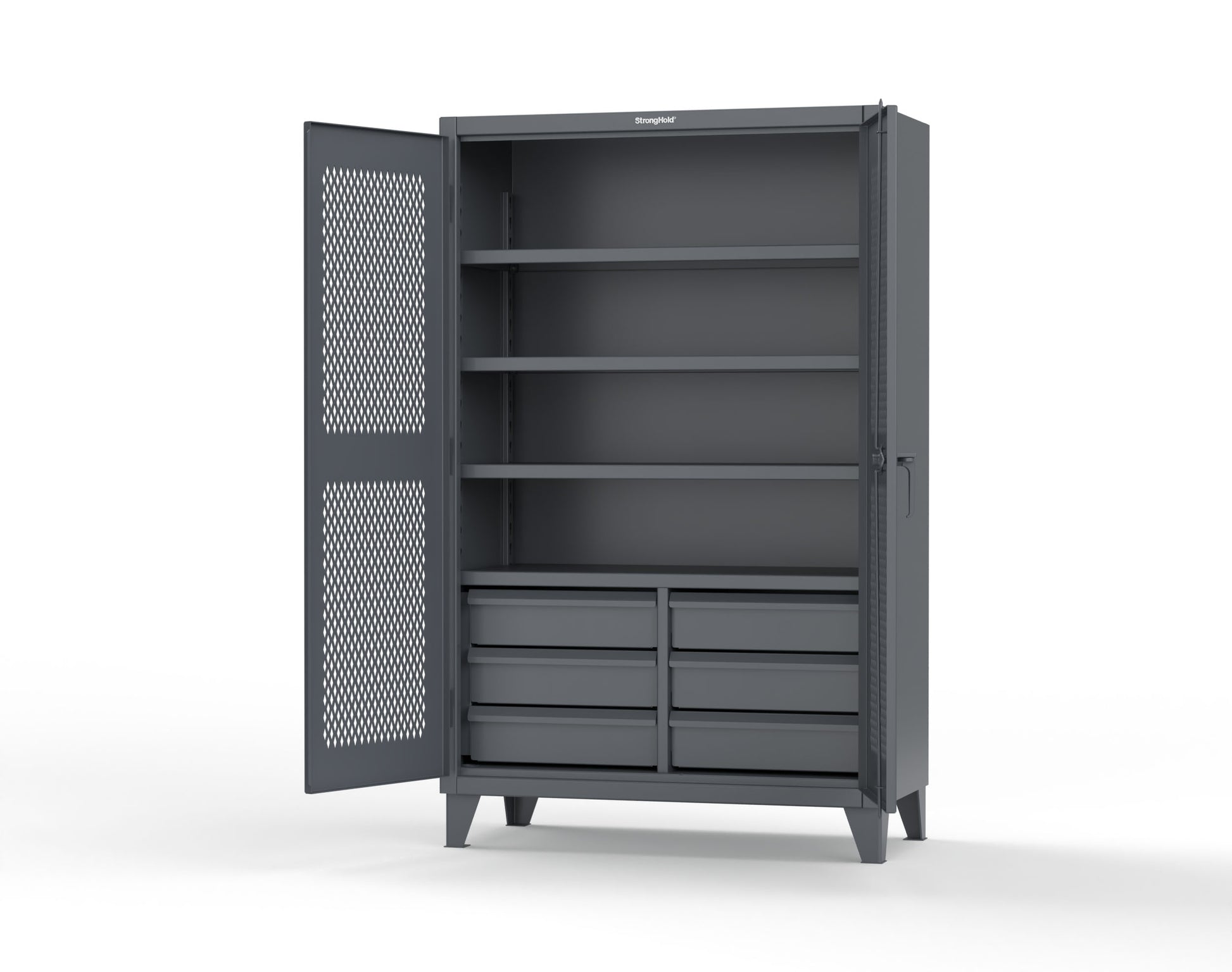 Extreme Duty 12 GA Ventilated (Diamond) Cabinet with 6 Half-Width Drawers, 4 Shelves - 48 In. W x 24 In. D x 78 In. H - 46-V-244-6/5DB-7024