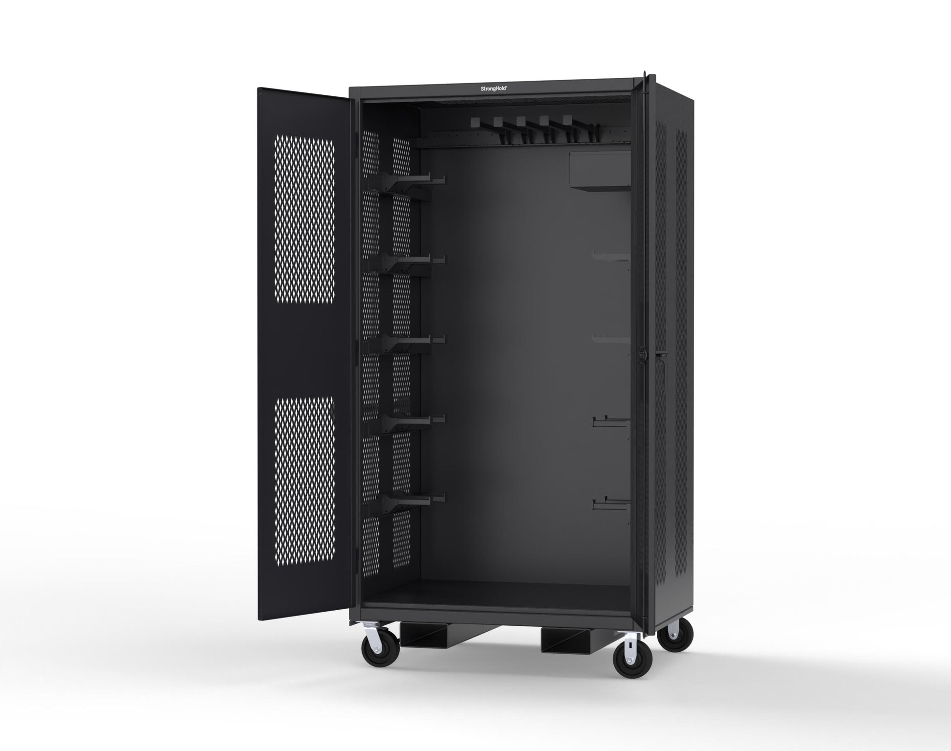 Extreme Duty 12 GA Mobile Rigging Cabinet with Ventilated Doors with Short & Long Hangers – 48 in. W x 36 in. D x 92 in. H - 47-VBS-360-23H-FLP-CA-9005