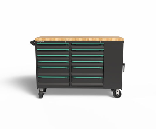 Extreme Duty 14 GA Mobile Tool Cart with Maple Top, Side Cabinet, 12 Half-Width Drawers - 3" Drawers x8, 6" Drawers x4 - 48 in. W x 21 in. D x 41 in. H MODEX 2026