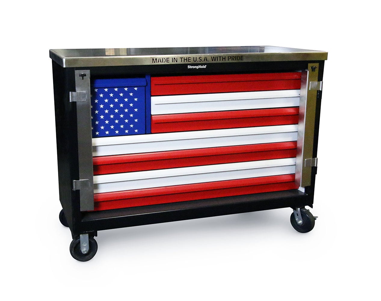 Trade Show Extreme Duty 12 GA Mobile American Flag Tool Cart with Maple Top, 8 Drawers, Lockbar - 60 in. W x 24 in. D x 44 in. H