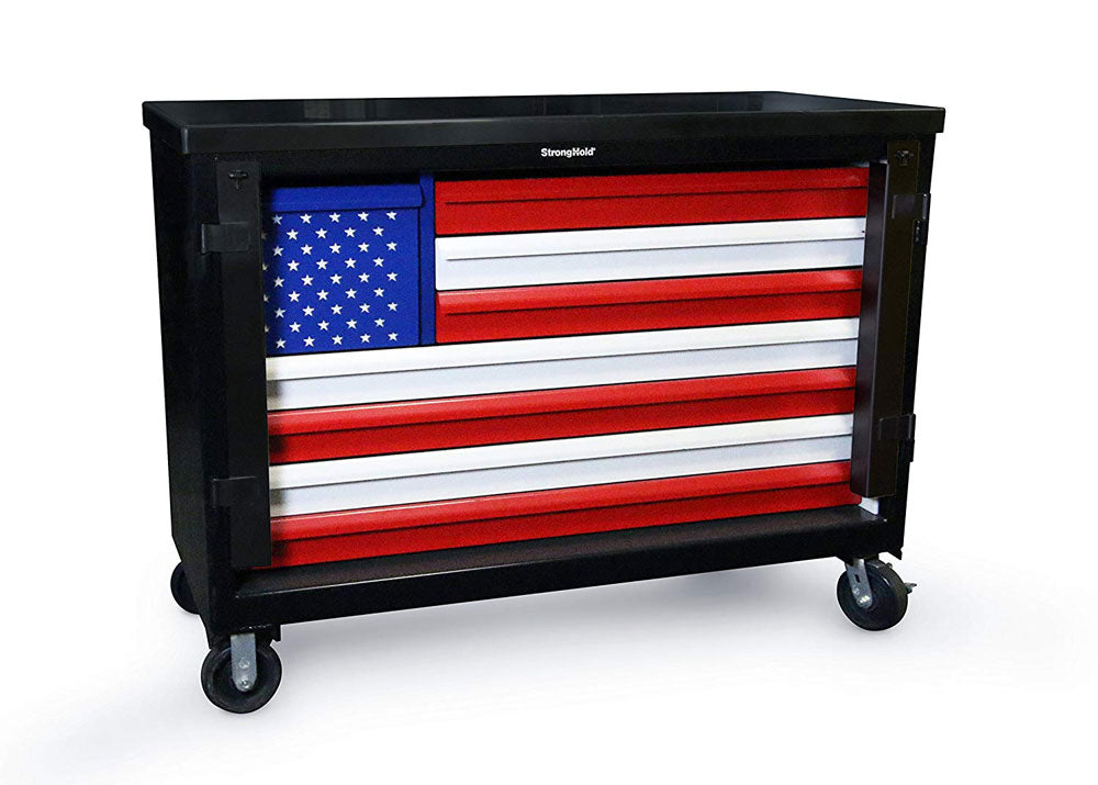 Extreme Duty 12 GA Mobile American Flag Tool Cart with 7 GA Steel Top, 8 Drawers - 60 in. W x 24 in. D x 44 in. H